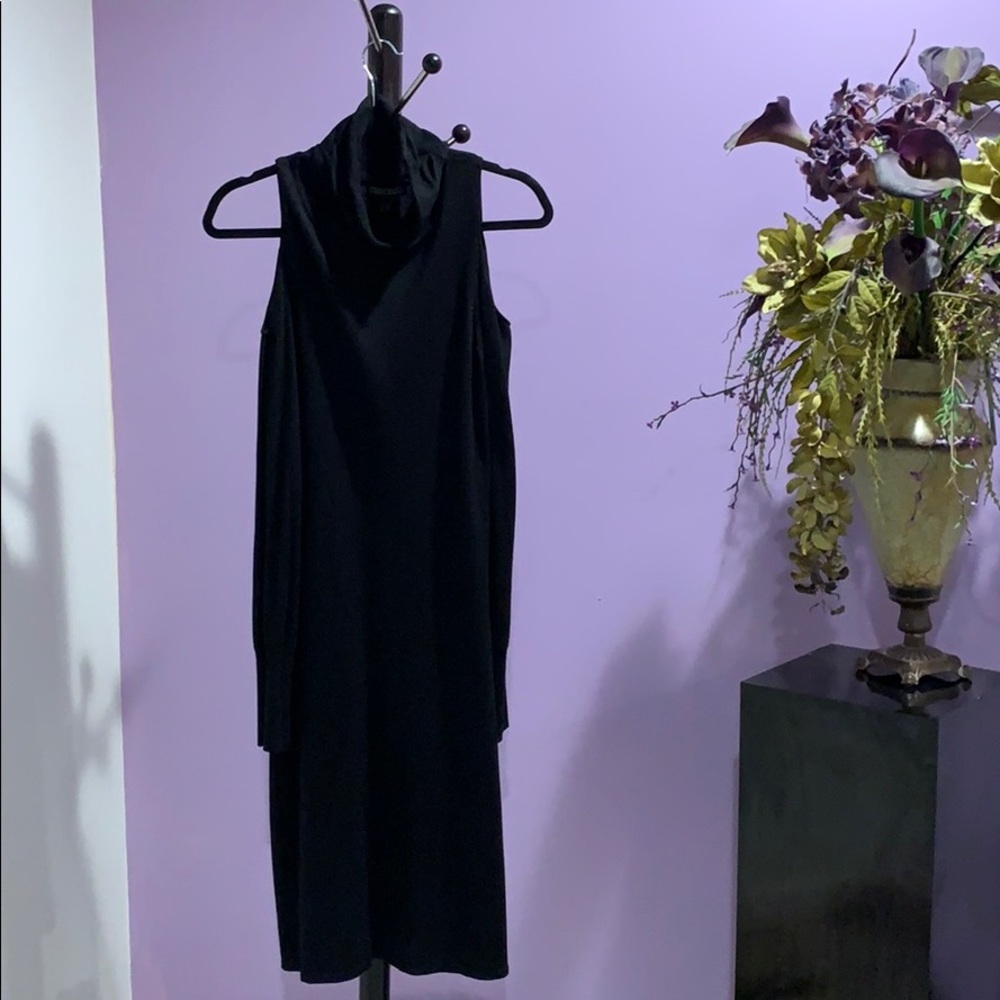 Lauren Hansen black high neck, cold shoulder dress